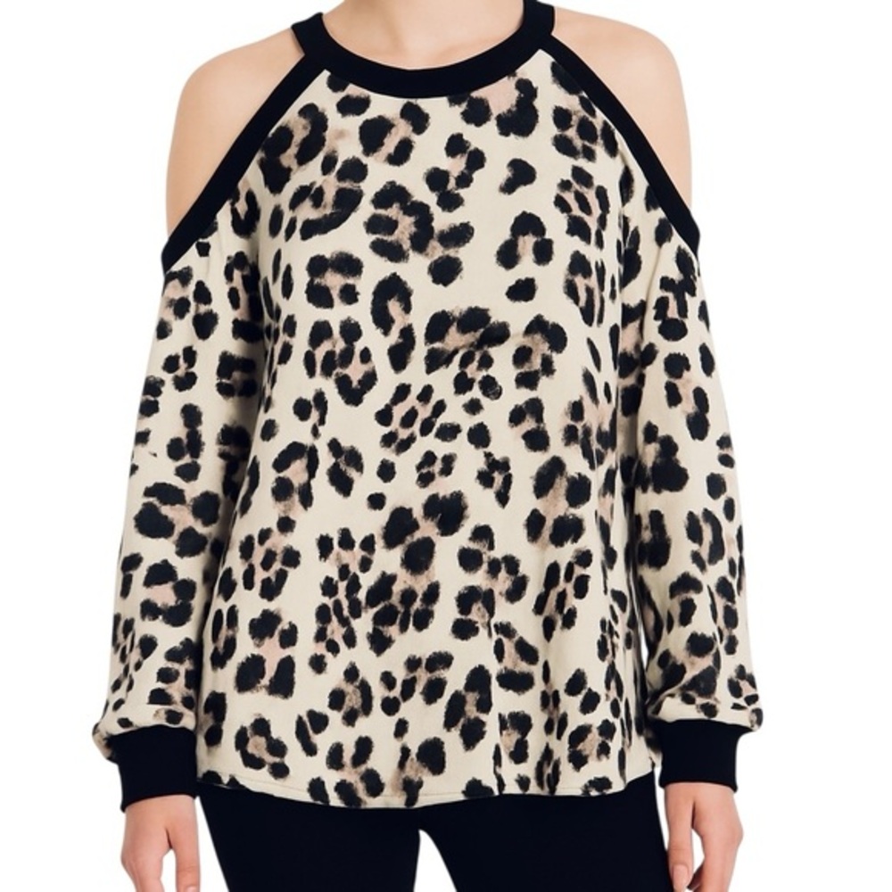 Bibi Leopard Cheetah ocelot Print Cut Out Cold Shoulder French Terry Pullover